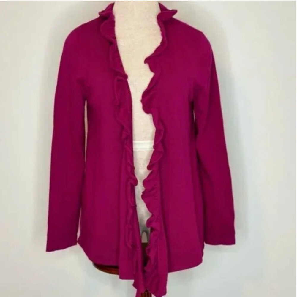 Jones New York Cashmere Ruffle Open Front Cardigan Fuschia Colored Size Medium